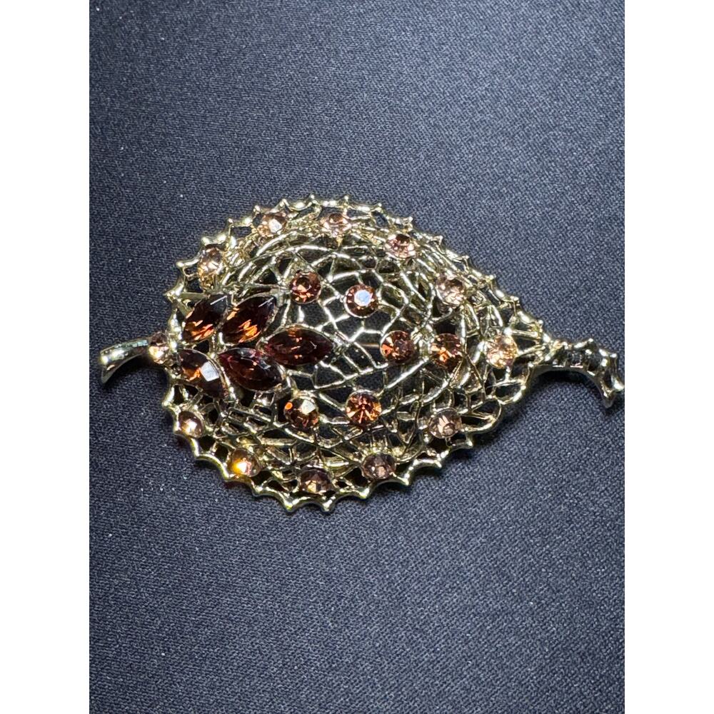 Vintage Statement Leaf Brooch Filigree & Rhinestones Mid Century